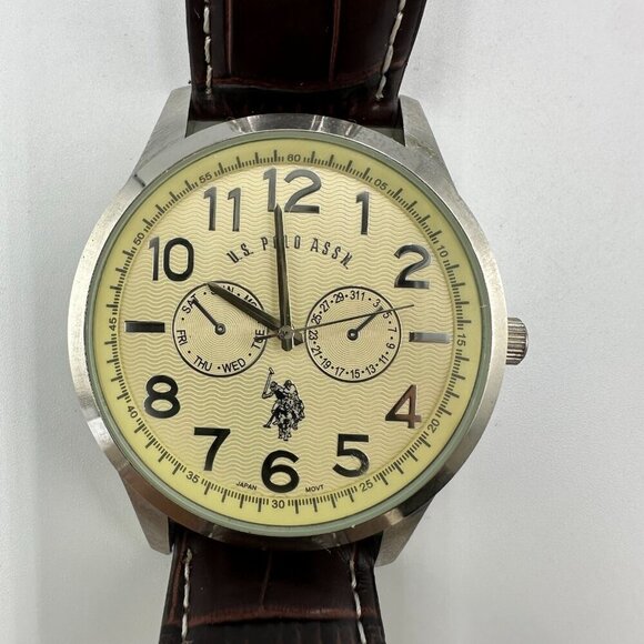 US Polo Assn Watch Men Silver Tone Large Round Case 44MM Leather Band Works 10" - Picture 1 of 14